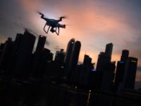 Drone over city skyline