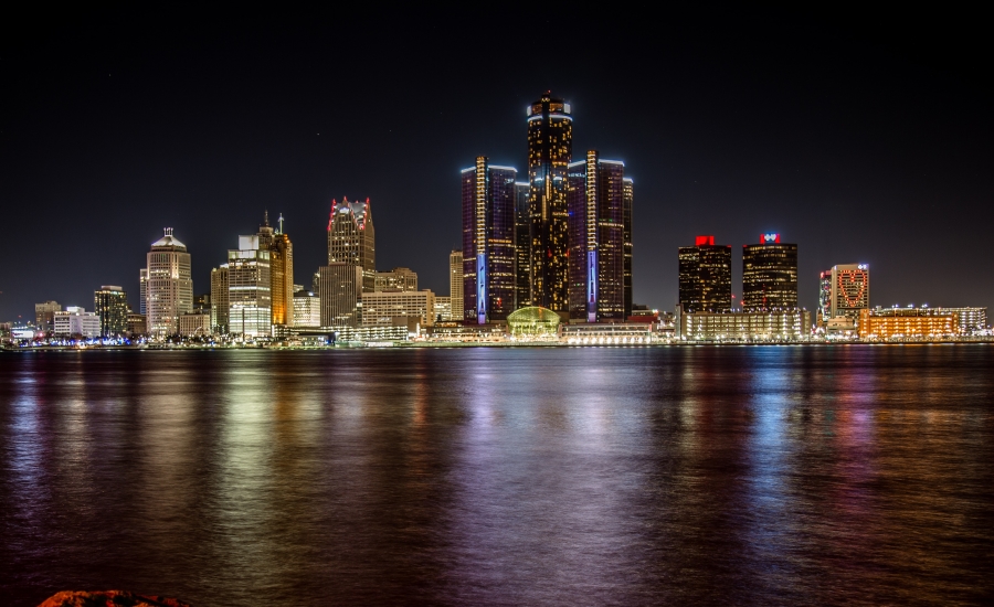 Detroit city skyline at night
