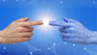Two hands, one human one AI, reach towards each other