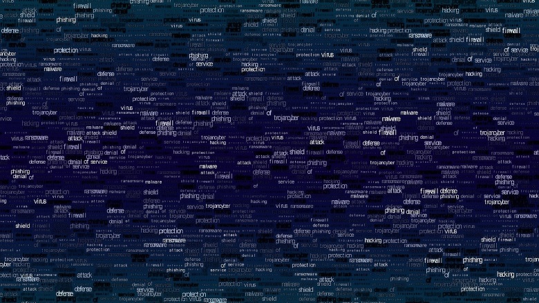cybersecurity themed text on blue and purple background.