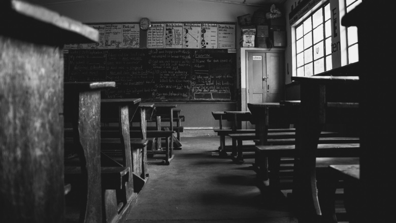 black and white image of school classroom