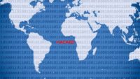 global map with code over it and the word hacked in red letters