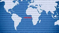 global map with code over it and the word hacked in red letters global map with code over it and the word hacked in red letters