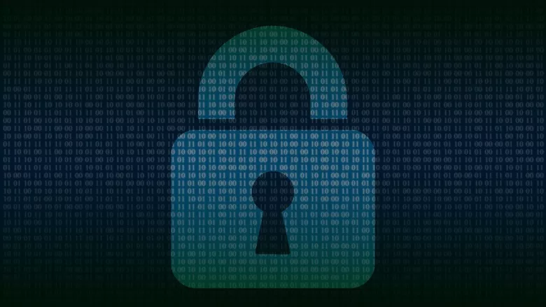 blue screen with code and light blue lock in center