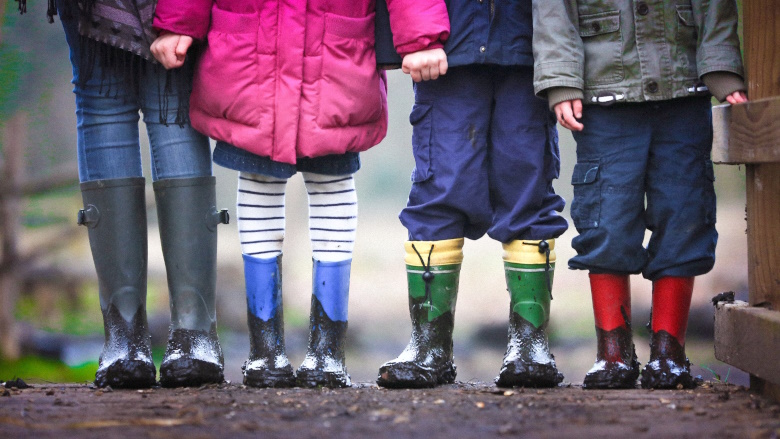 children in rainboots playing toether