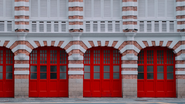 Fire station with closed doors