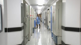 Hospital staff walking down hallway