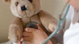 Person using stethoscope on teddy bear