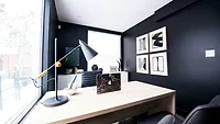 Office with gray walls and a white desk Office with gray walls and a white desk