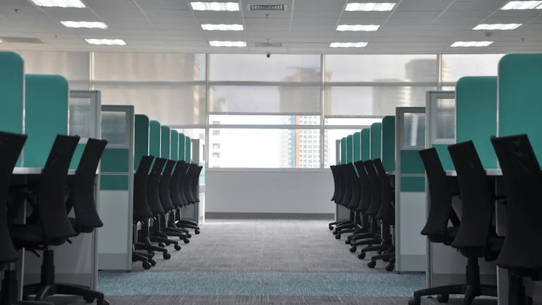 Two rows of black office chairs in blue cubicles