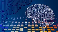 White pixelated brain line art on blue and orange background White pixelated brain line art on blue and orange background
