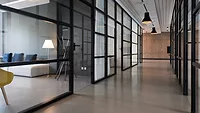 Office hallway with glass walls