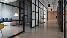 Office hallway with glass walls