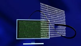 Computer with binary code hovering nearby 