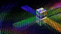 Transparent cube and colorful squares 