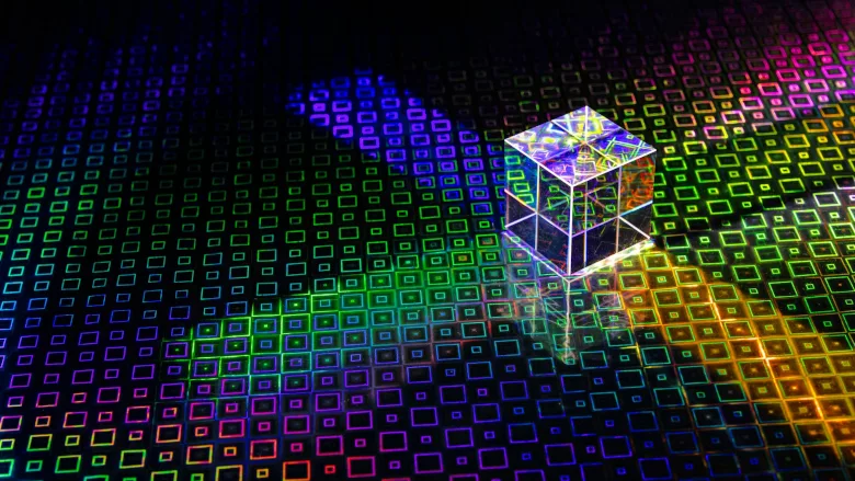 Transparent cube and colorful squares