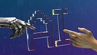 Robot and human hand with AI background 