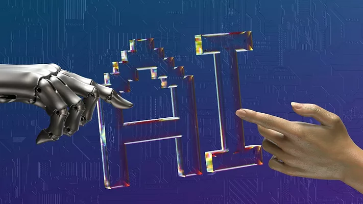 Robot and human hand with AI background 
