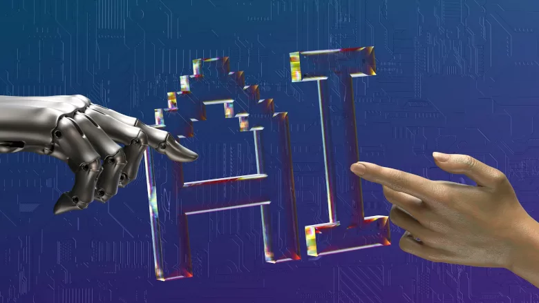 Robot and human hand with AI background