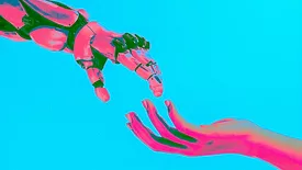 Neon human and android hands 