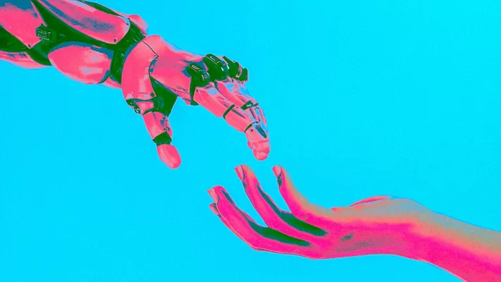 Neon human and android hands 