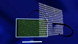 Computer with binary code hovering 