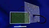 Computer with binary code hovering Computer with binary code hovering