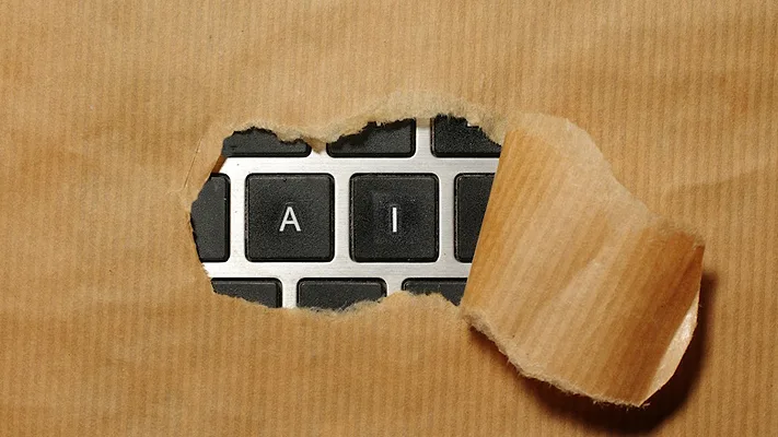 Keyboard covered in kraft paper with the letters "ai" exposed
