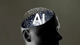 Grayscale image of a man's head with "AI" written in place of the brain.
