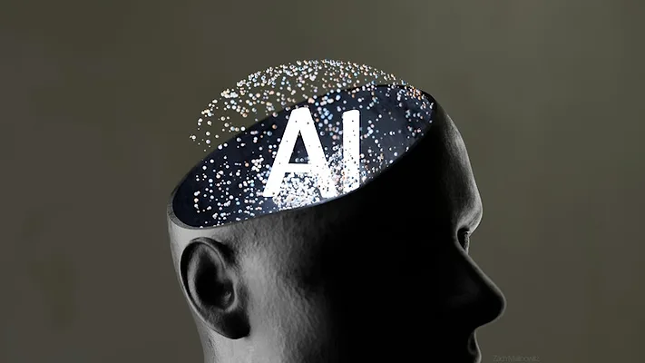 Grayscale image of a man's head with "AI" written in place of the brain. Grayscale image of a man's head with "AI" written in place of the brain.