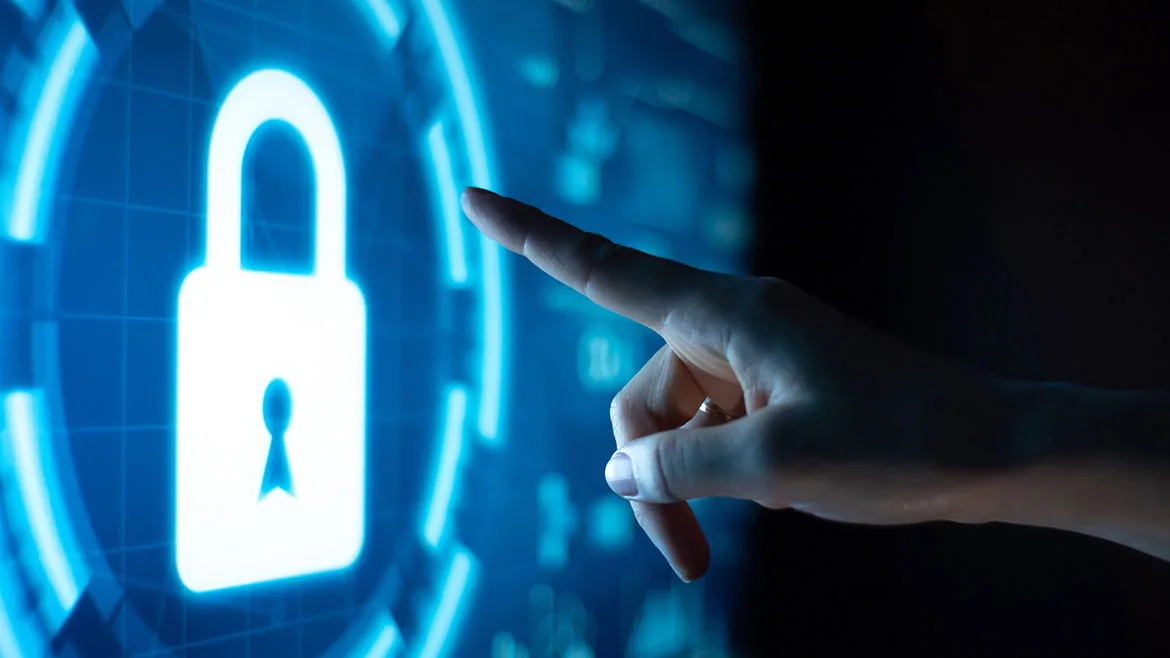 Human hand pointing to digital lock Human hand pointing to digital lock