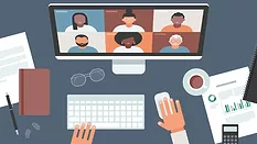 illustration of person at desk using computer for video call