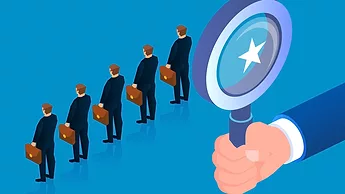 Background Checks Giant holding magnifying glass to view businessman standing in a row