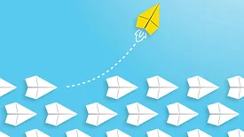 Change concepts with yellow paper airplane leading among white