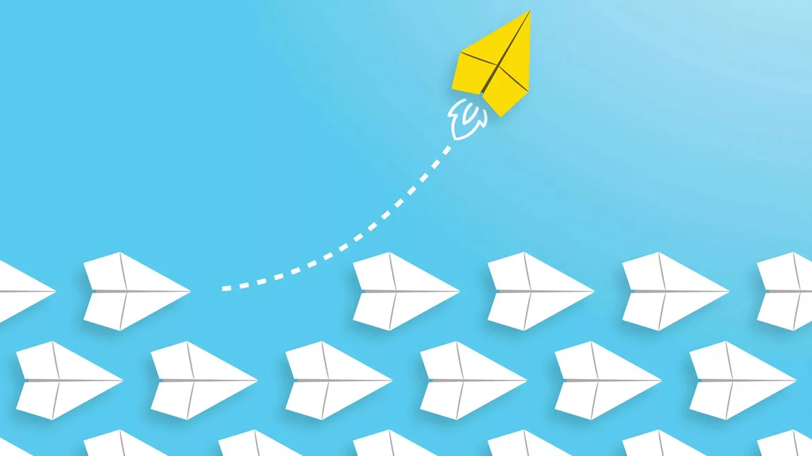 Change concepts with yellow paper airplane leading among white