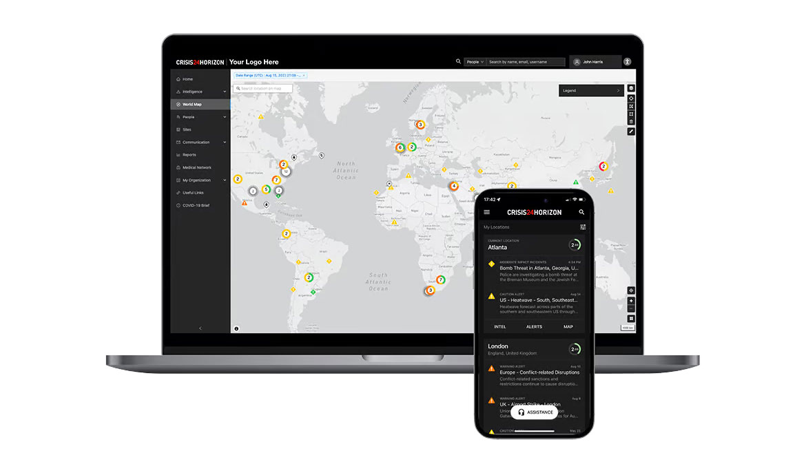 CRISIS24HORIZON app on laptop and phone showing global security alerts and incident maps.