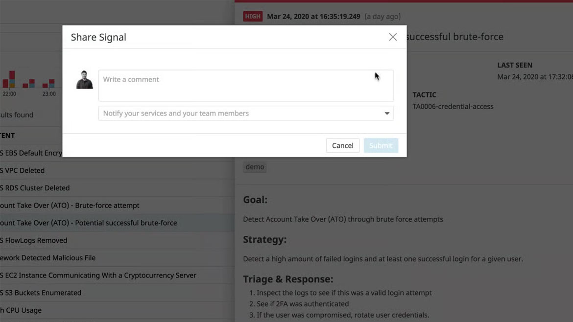 Share Signal modal with input fields for comment and notifications, on a security dashboard.