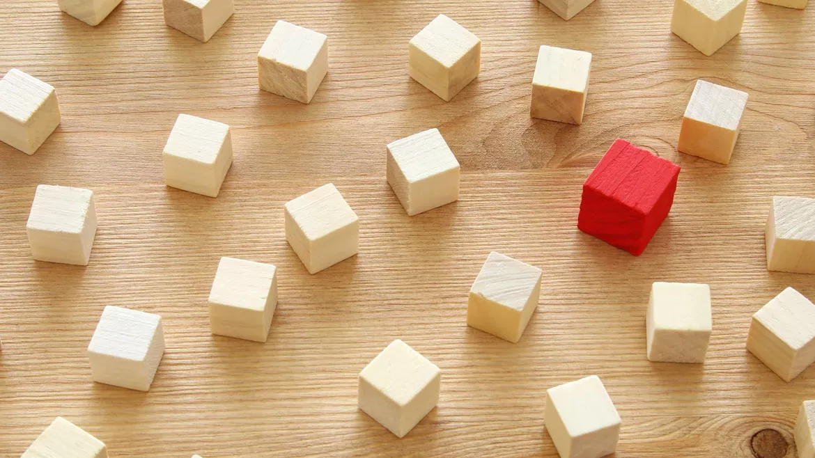 Stand out from the crowd One red block in a group of white blocks