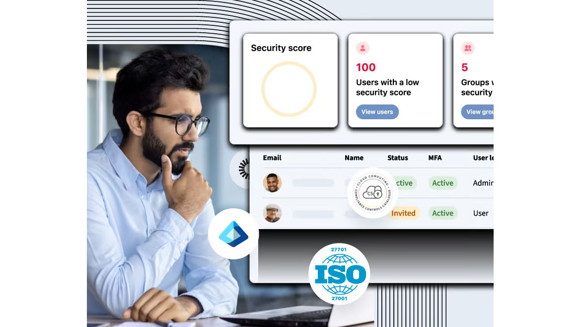 A man reviews a digital security dashboard displaying user security scores, groups, and ISO 27001 compliance.