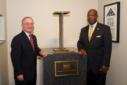 NCS4 Director Dr. Lou Marciani and Hattiesburg Mayor Johnny DuPree with the 9/11 Sports Safety and Security Memorial. Unveiled on September 11, 2013.